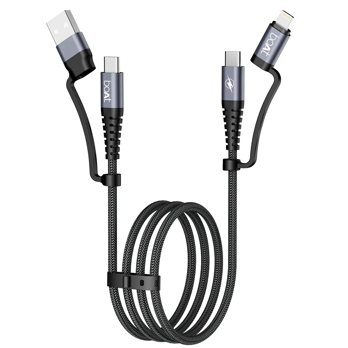 Boat Flexicharge 400 | 4-In-1 Charging Cable With 2 Swappable Heads, 480 Mbps Data Sync, Usb-A, Type-C, & Lightning, 1.5M Cable 1