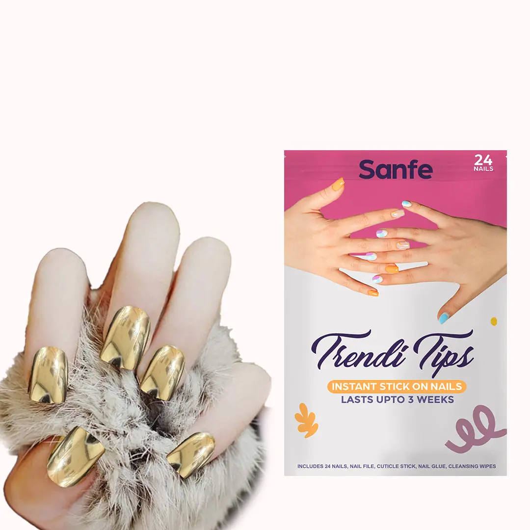 Sanfe Instant Stick On Nails - Golden Chrome - 24Pcs 1