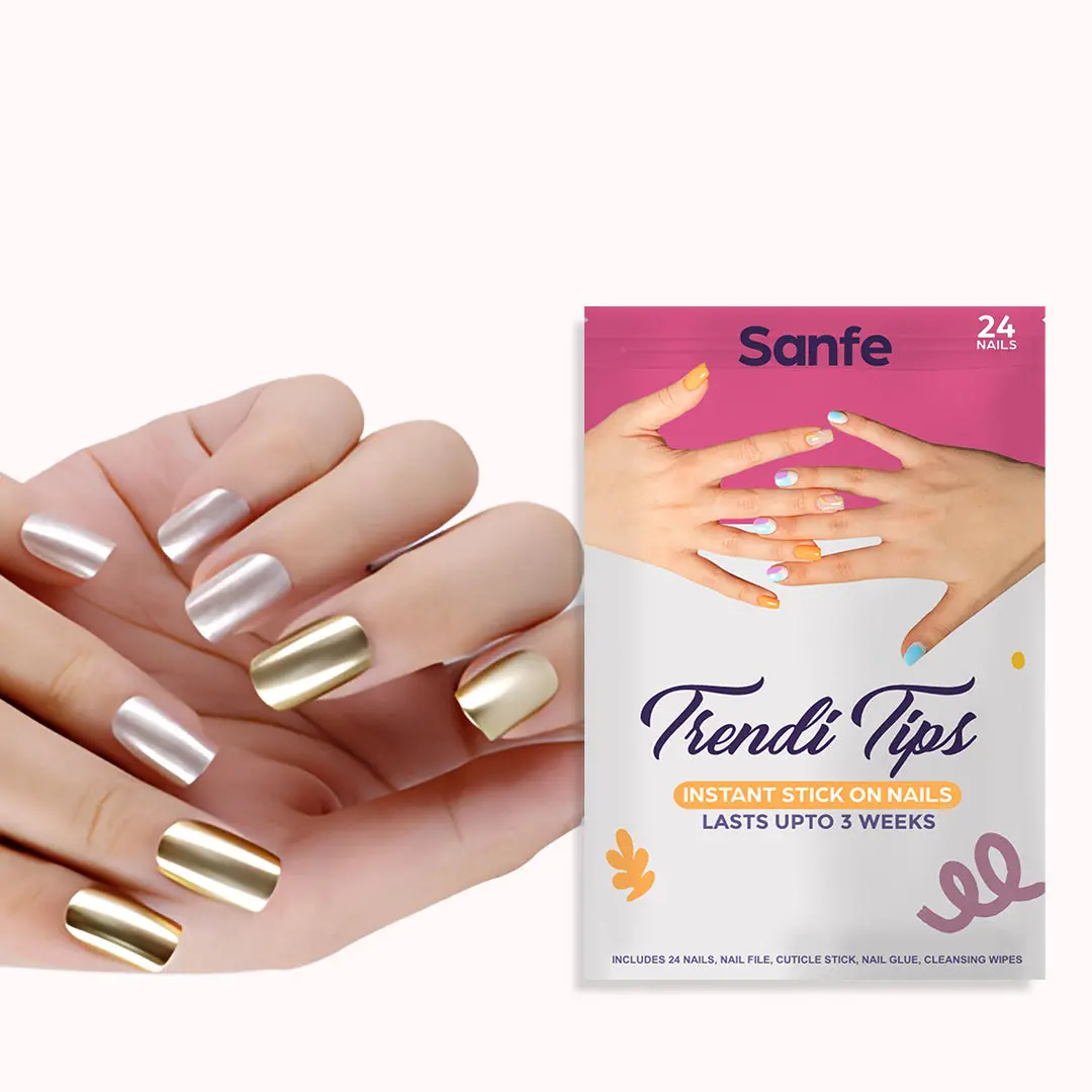 Sanfe Instant Stick On Nails - Silver & Golden Chrome- 24 Pcs 1