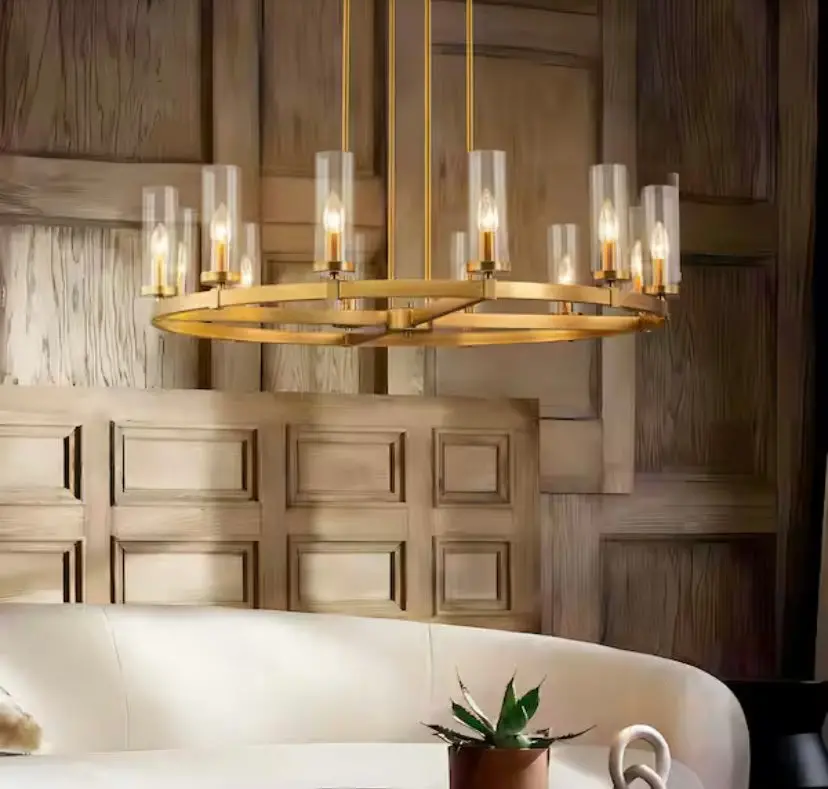 12-Light Brushed Gold Or Black Industrial Wheel Shaped Chandelier 1