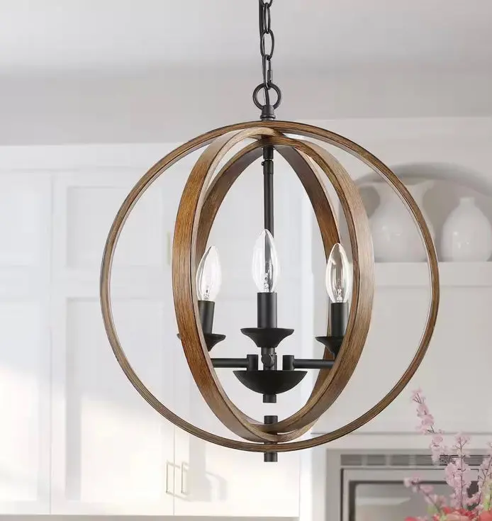 Farmhouse Black Chandelier Globe Candlestick 3-Light Cage Kitchen Island Pendant Chandelier With Faux Wood Accent 1