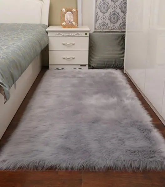 Faux Sheepskin Fluffy Fur Area Rug, Grey Fluffy Area Shaggy Rugs For Bedroom 1