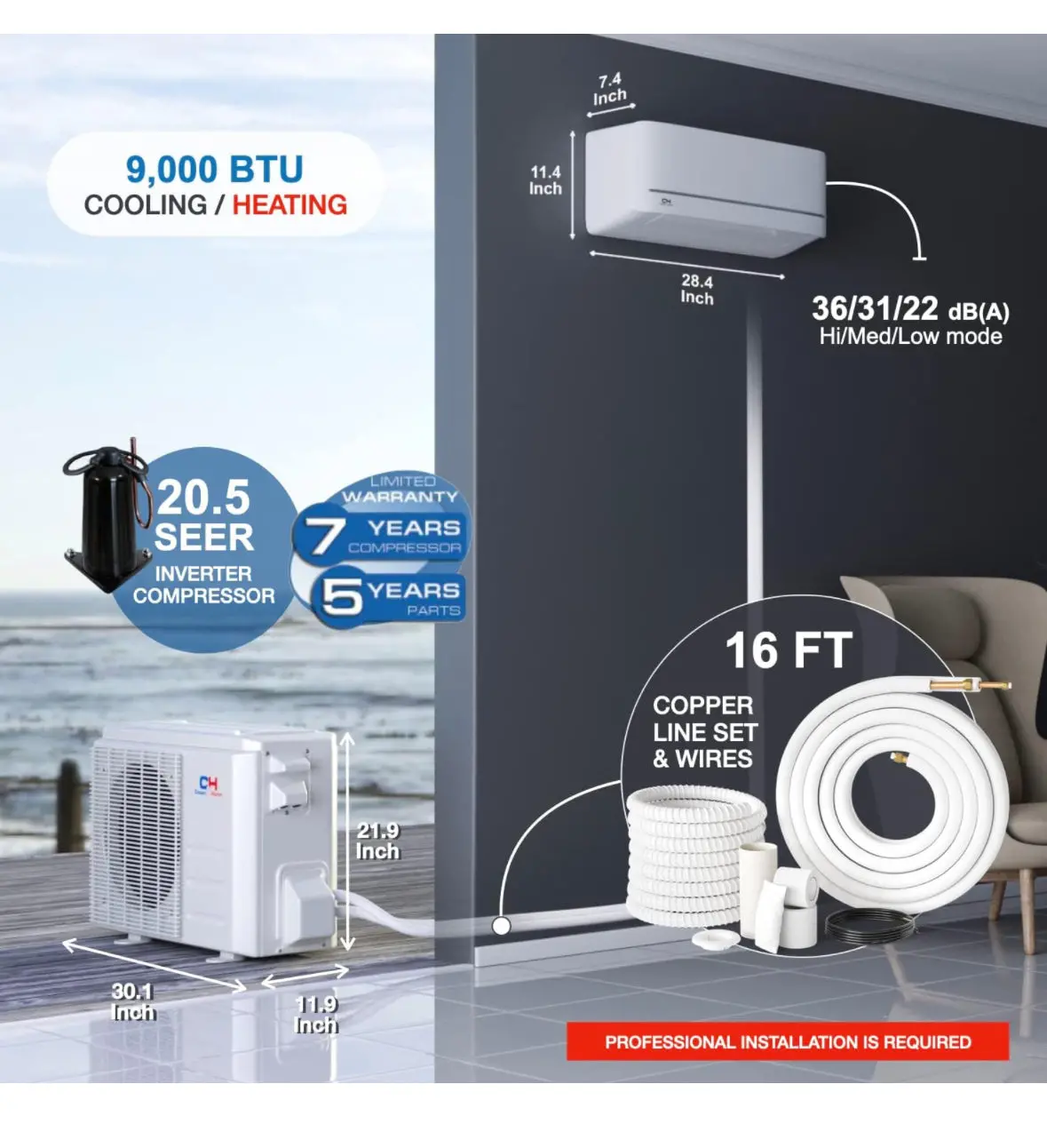 Cooper & Hunter Mia Series, Mini Split Air Conditioner And Heater, 9,000 Btu, 115V, 21.5 Seer2, Wall Mount Ductless Inverter System, With Installation Kit 1