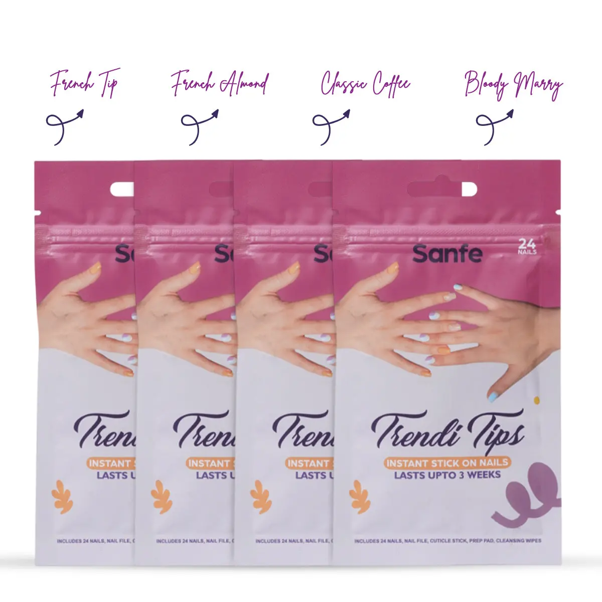 Sanfe Instant Stick On Nails (French Tip, French Almond, Classic Coffee, Bloody Marry) 1