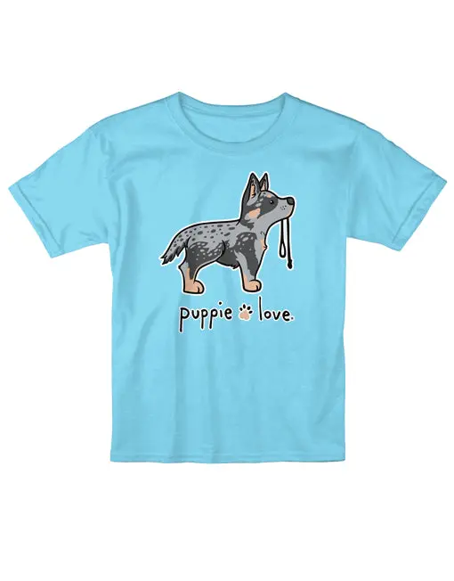 Custom-printed youth short-sleeve t-shirt featuring an adorable Blue Heeler puppy design