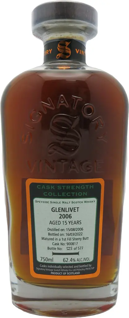 Signatory Glenlivet 2006 15 Year Old Cask Strength Single Malt Whiskey 750Ml 1