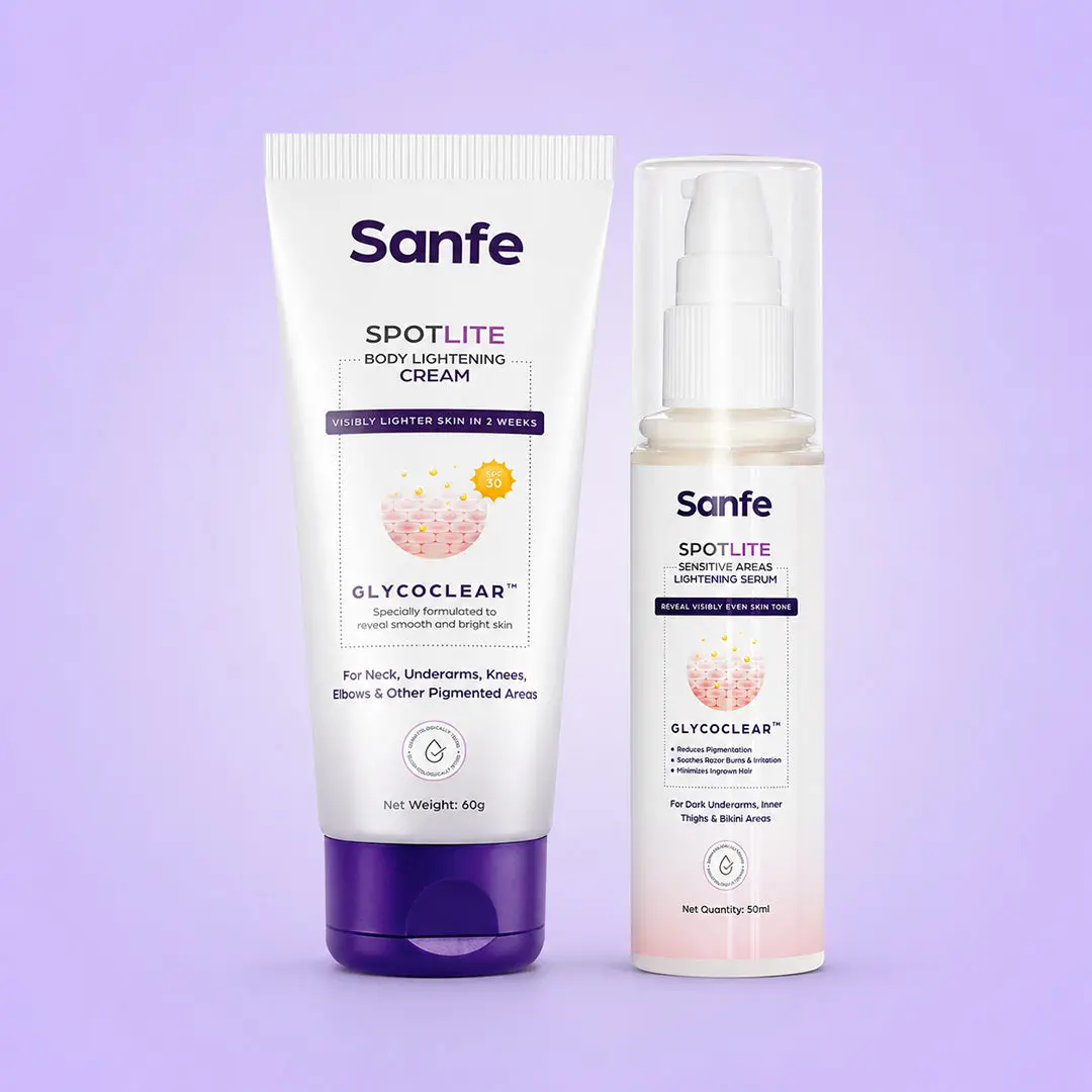 Sanfe Spotlite Am & Pm Underarm Lightening Combo | For Extra Dark Underarms | 3X Quicker Penetration With Glycodeep Technology | Spotlite Cream & Sensitive Area Serum | For Dark Patches, Detanning And Skin Tightening 1
