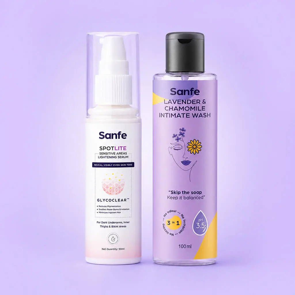 Sanfe Spotlite Fresh & Bright Kit For Dark Underarms, Inner Thighs And Sensitive Areas | 10X Powerful, Enriched With Kojic Acid, 4% Niacinnamide, Lavender| For Dark Intimate Patches, Detanning, Anti Aging, Odour And Skin Tightening 1