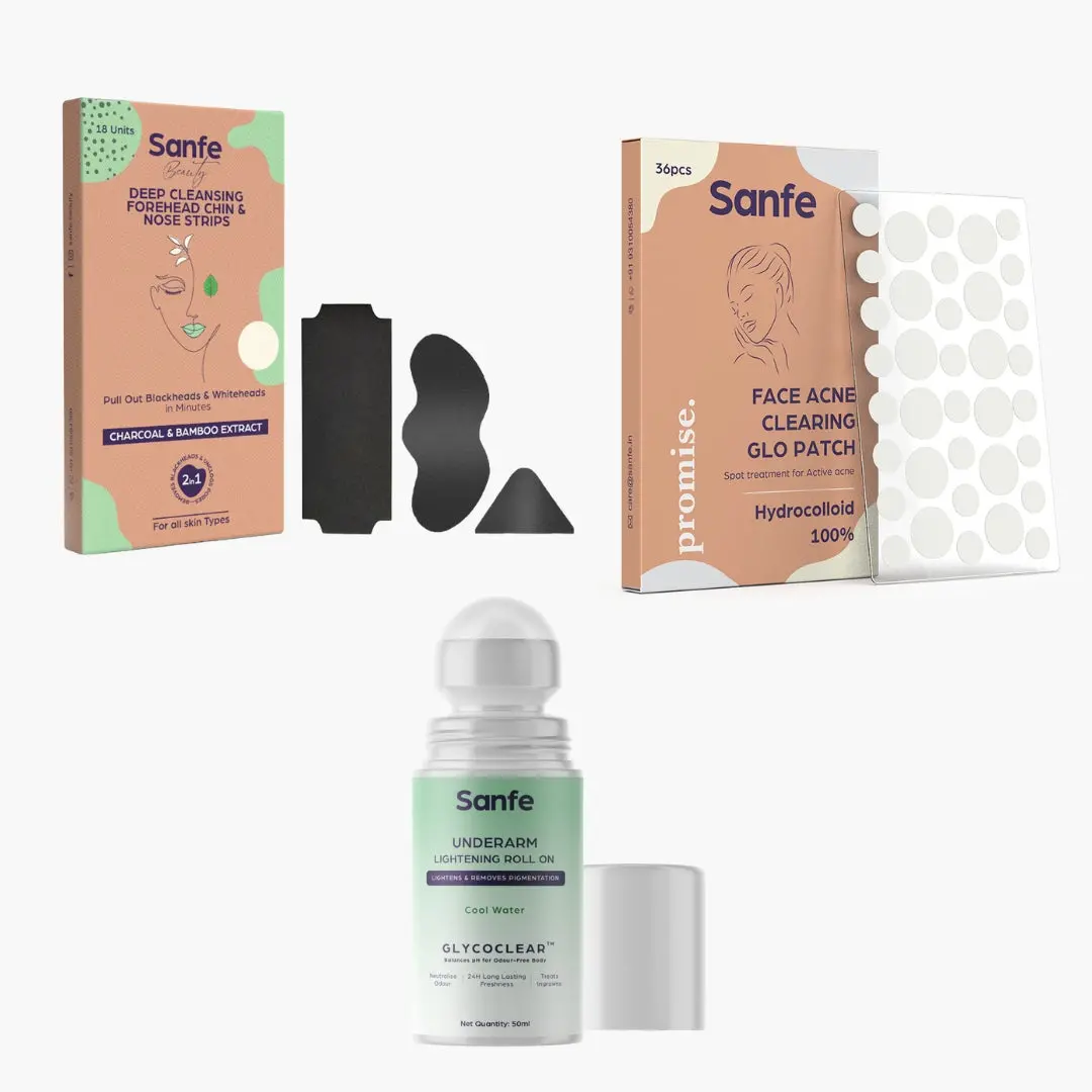 Sanfe Complete Acne & Brightening Care Combo | Glo Patch, Blackhead Removal Strips & Underarm Lightening Roll-On 1