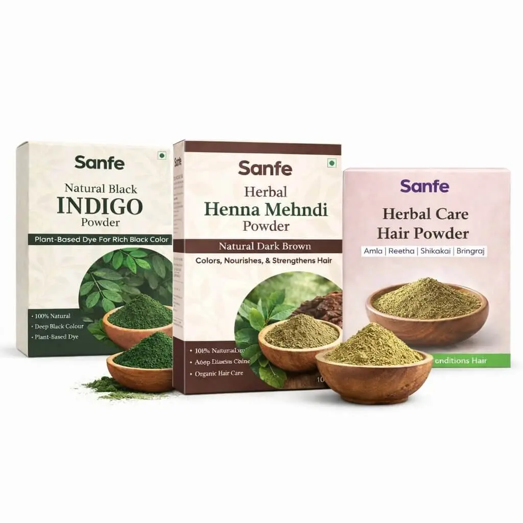 Sanfe Herbal Hair Color Combo – Amla Reetha Shikakai Bhringraj Powder 200G + Natural Henna Mehendi 100G + Organic Indigo Powder 100G | 100% Natural Hair Care & Grey Coverage 1