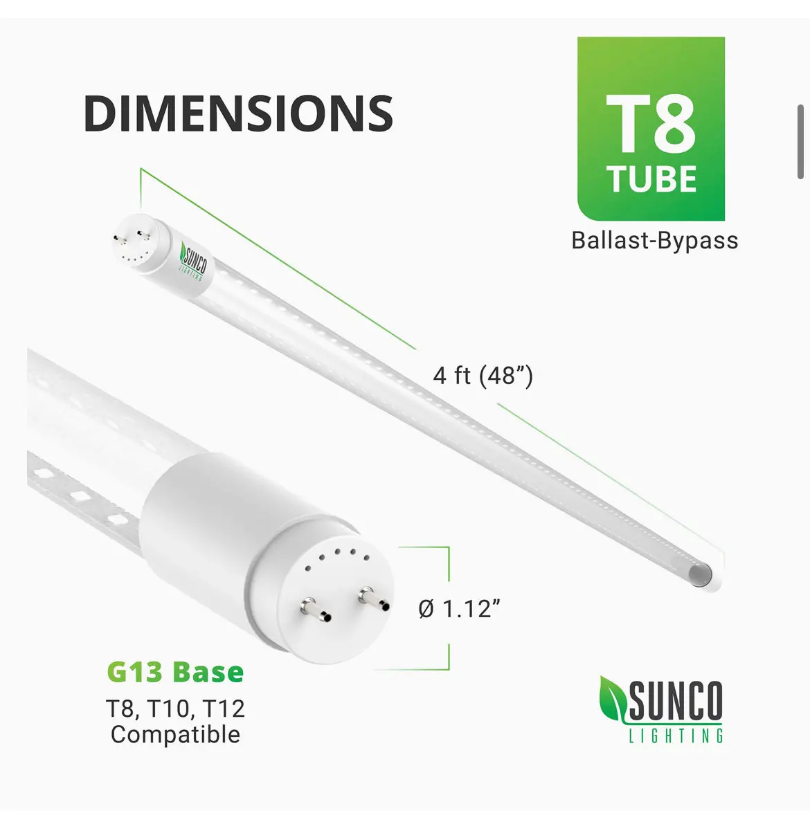 Brand Sunco Lighting Light Type Led Special Feature Instant On, Ballast Bypass, Single Ended Power (Sep), G13 Base, T8/T10/T12 Compatible Wattage 18 Watts Bulb Shape Size T8 1
