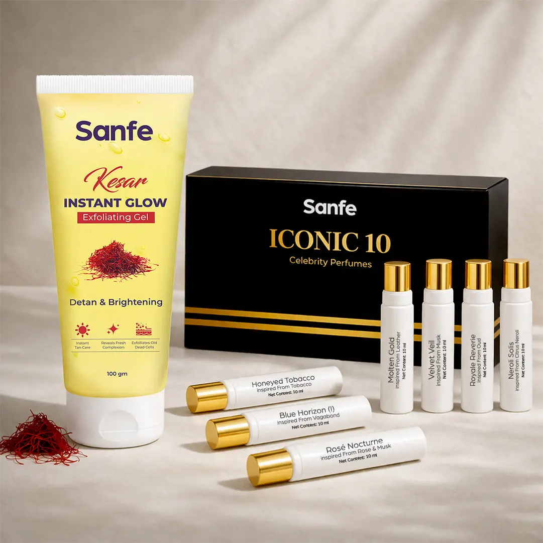 Sanfe Glow & Glam Combo: Iconic10 Perfume Set + Kesar Exfoliating Gel 1